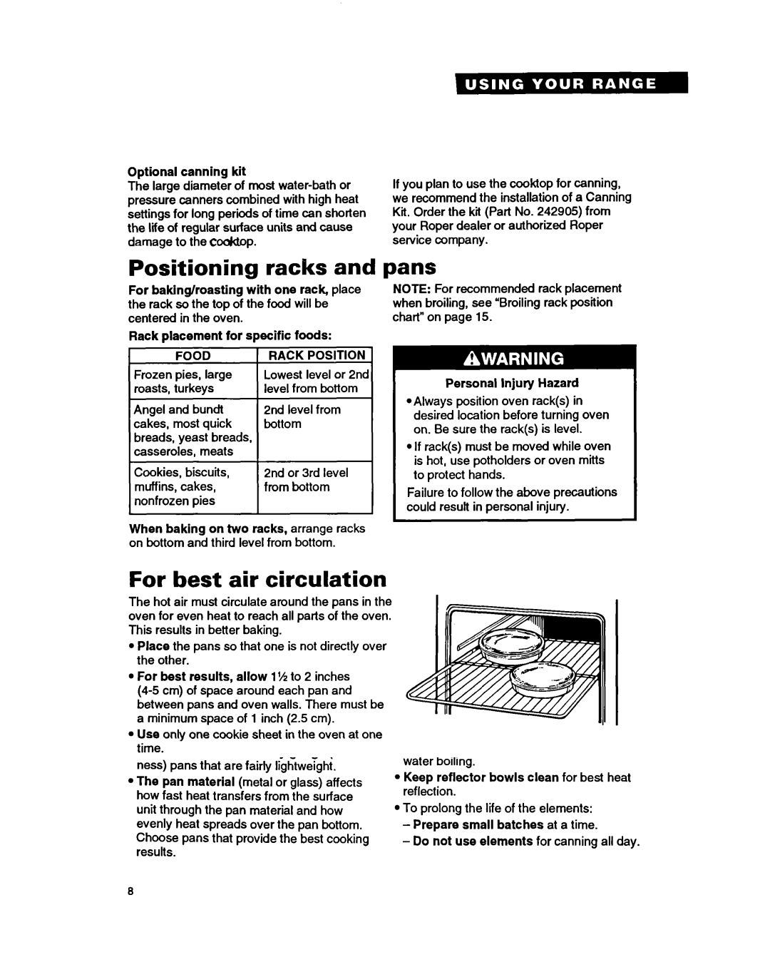 Whirlpool FEP350Y warranty Positioning racks and pans, For best, Circulation 