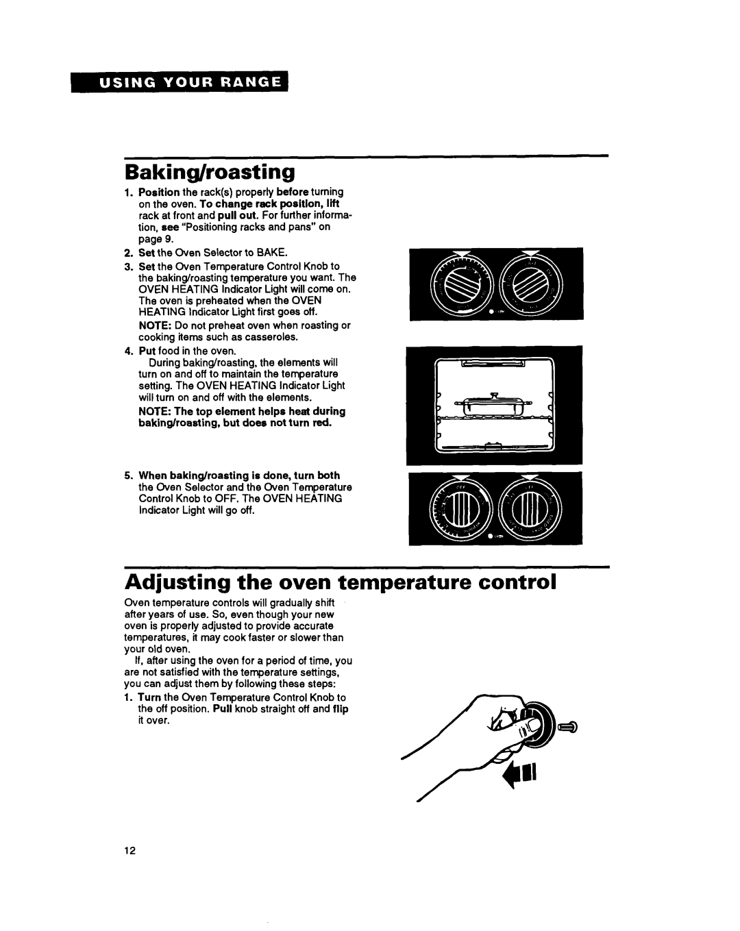 Whirlpool FES310Y manual Baking/roasting, Adjusting the oven temperature control 