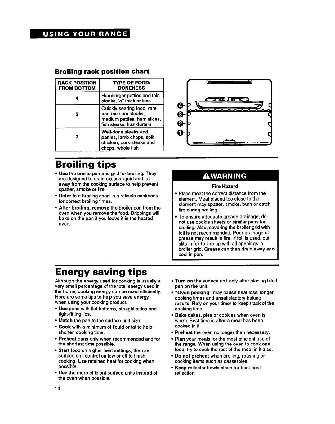 Whirlpool FES310Y manual Broiling tips, Energy saving tips, Rack Position Chart, Type Food From, Doneness 