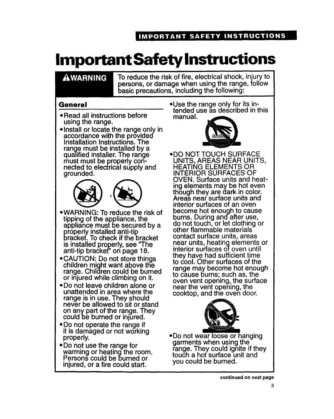 Whirlpool FES310Y manual ImportantSafetylnstructions 