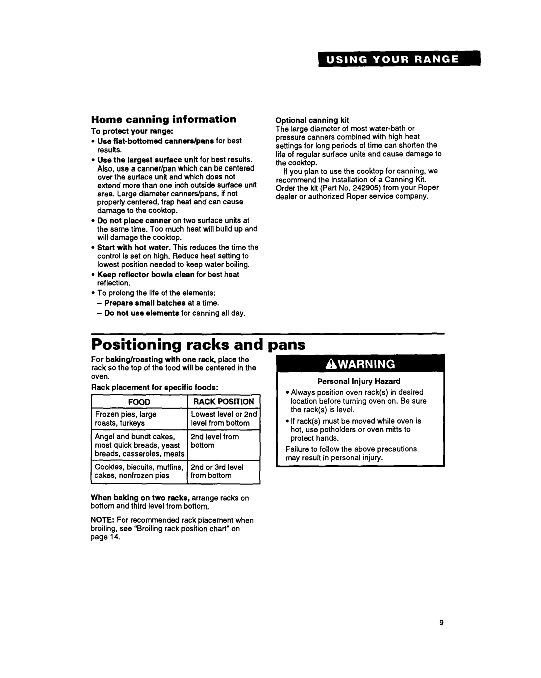 Whirlpool FES310Y manual Positioning racks, Pans, Home canning information, Food 