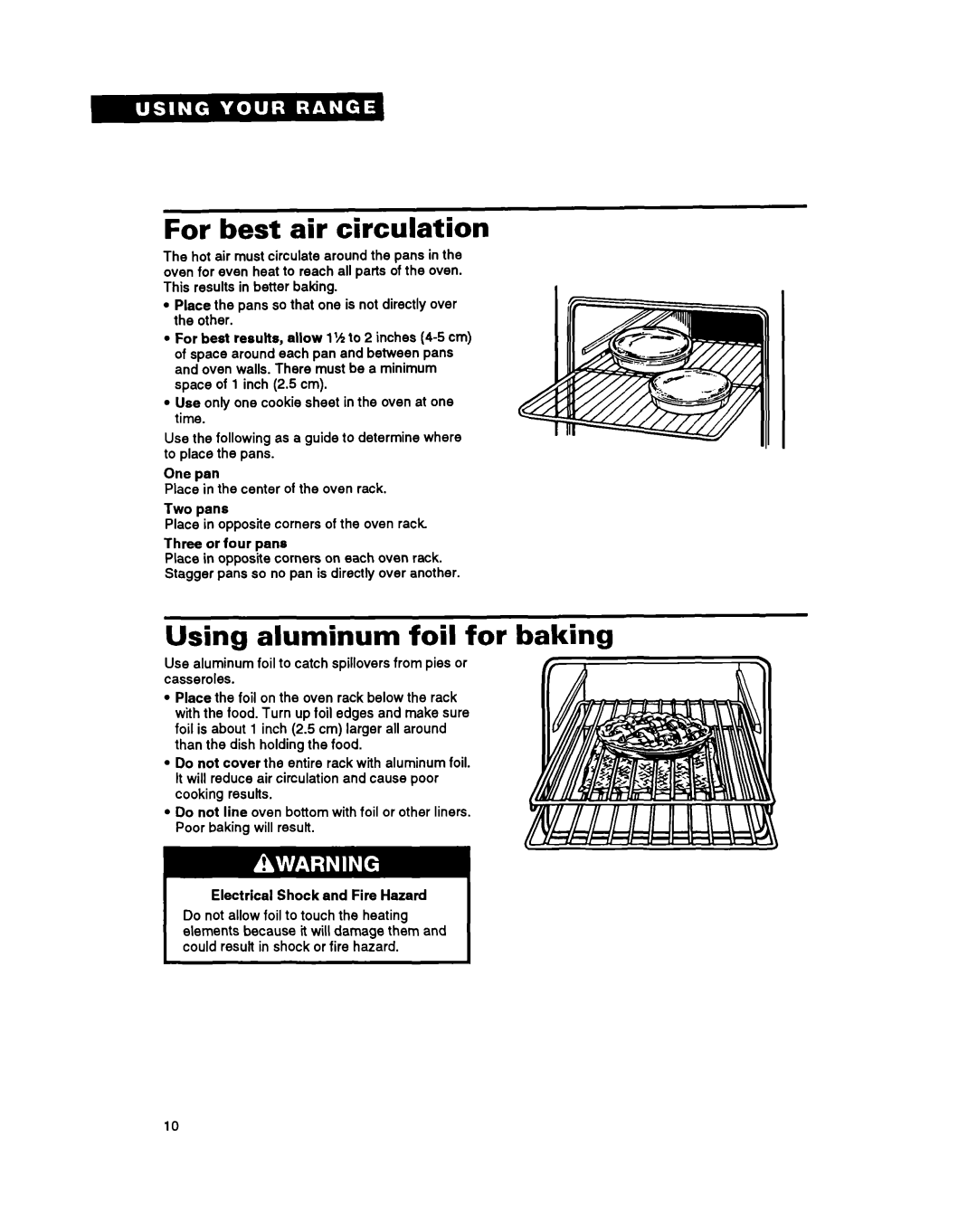 Whirlpool FES310Y manual For best air circulation, Using aluminum foil for baking 