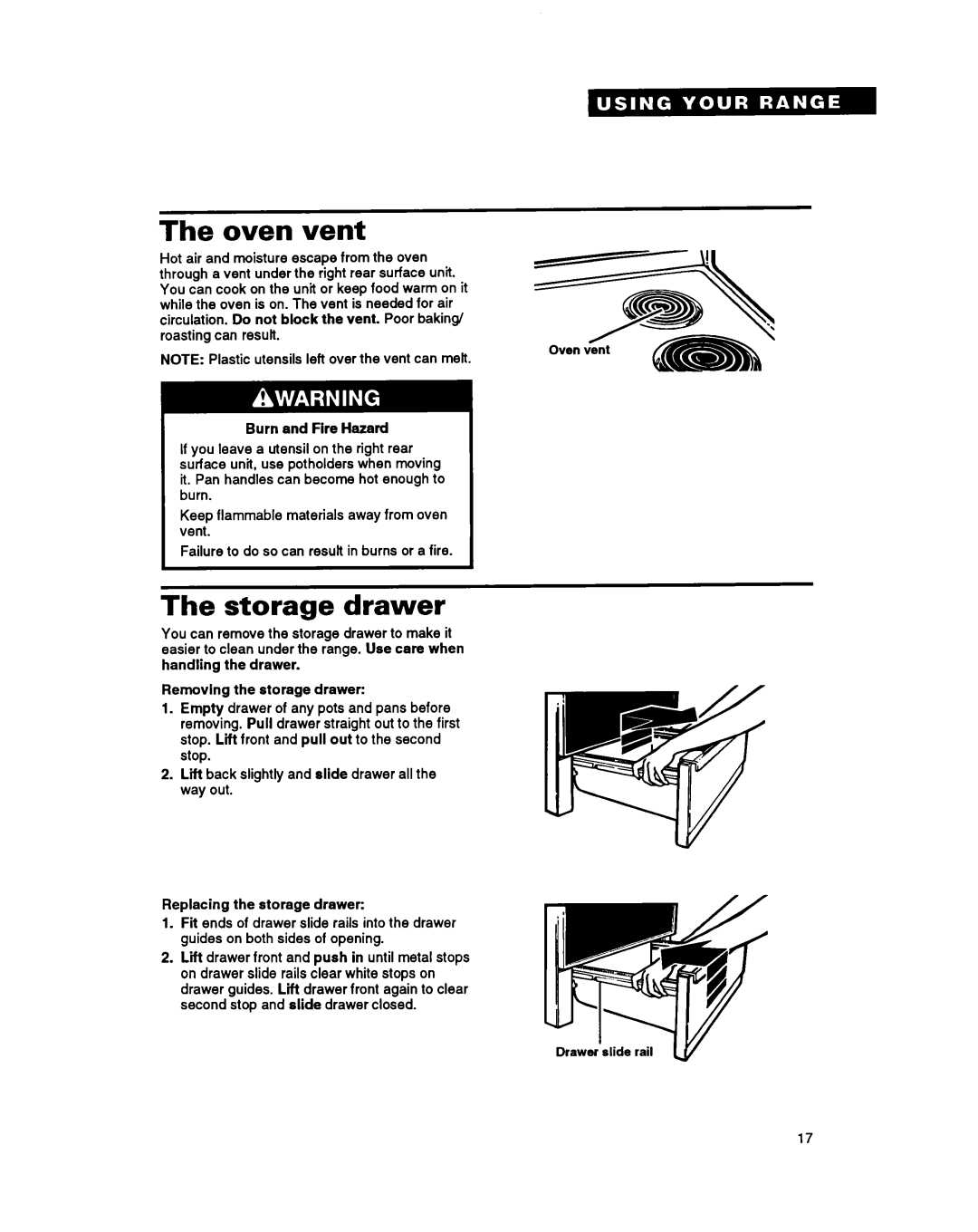 Whirlpool FES310Y manual The oven vent, The storage drawer 