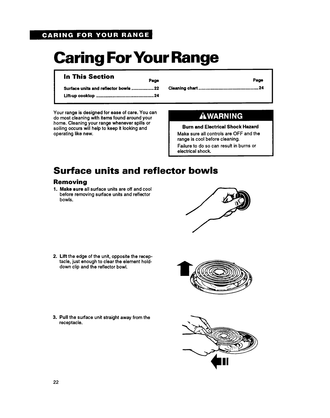 Whirlpool FES310Y manual Caring For Your Range, Surface units and reflector bowls, In This Section PagePage, Removing 