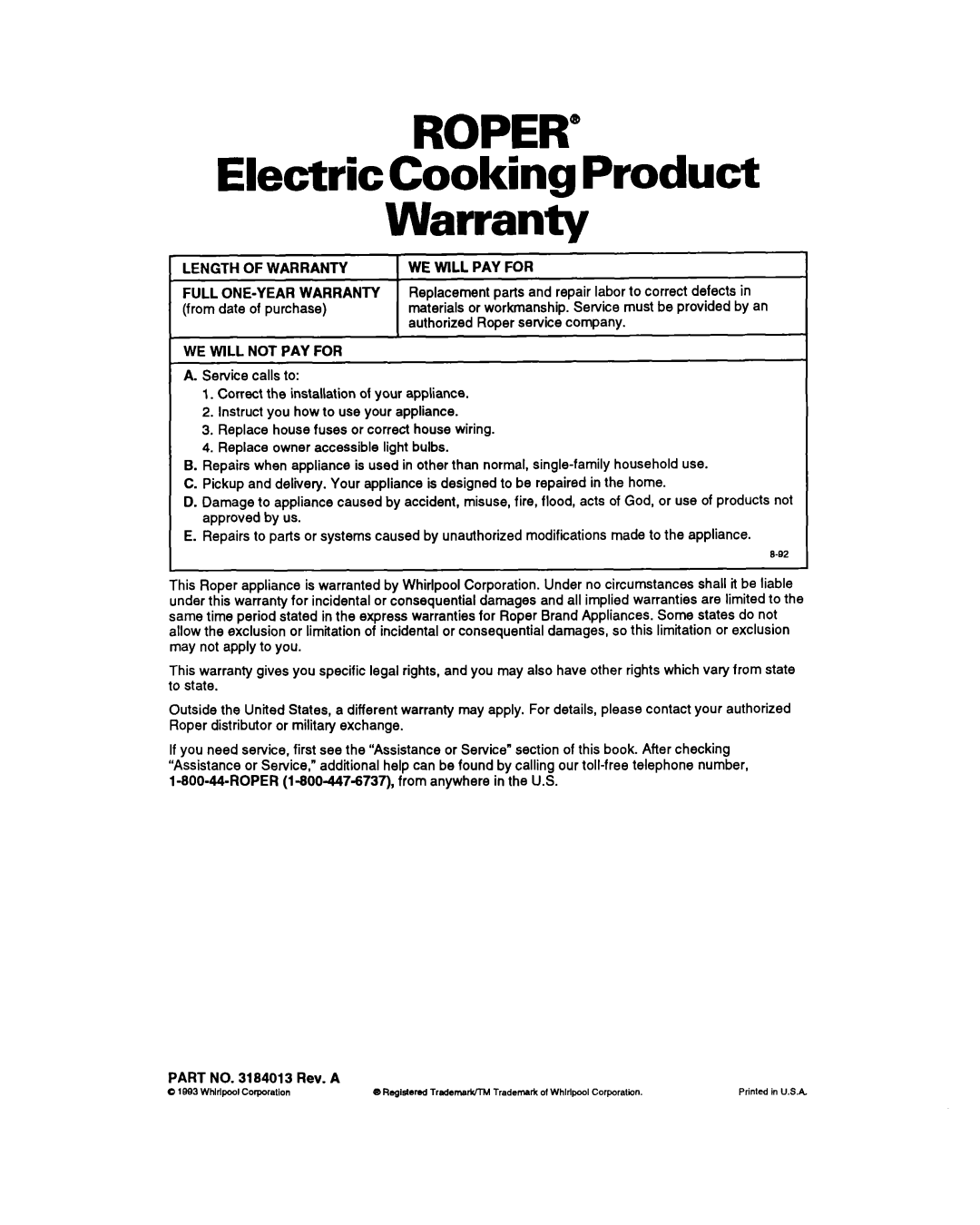Whirlpool FES310Y manual ROPER Electric Cooking Product Warranty 
