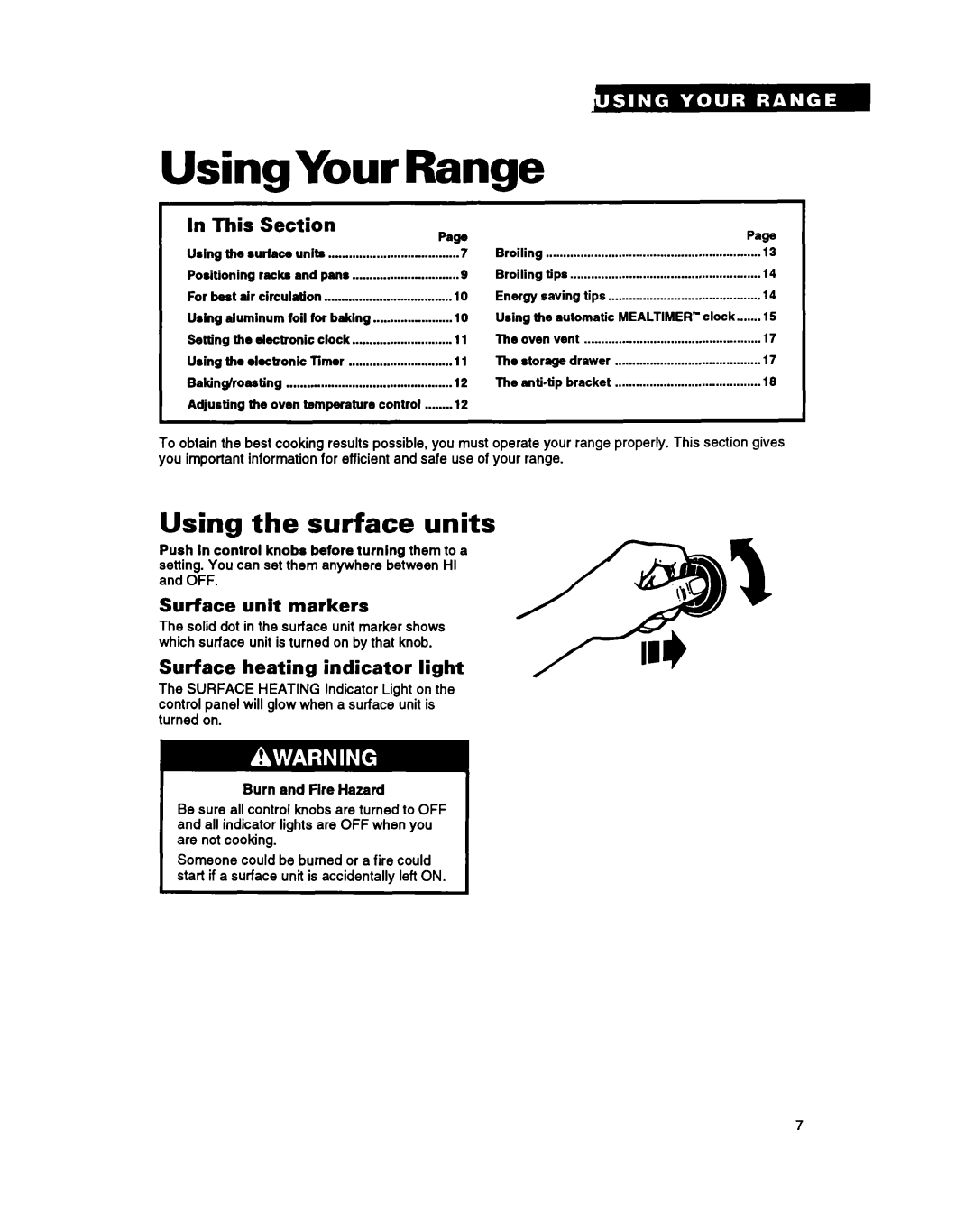 Whirlpool FES310Y manual UsingYour Range, Using the surface units, This, Section, Swface unit markers 