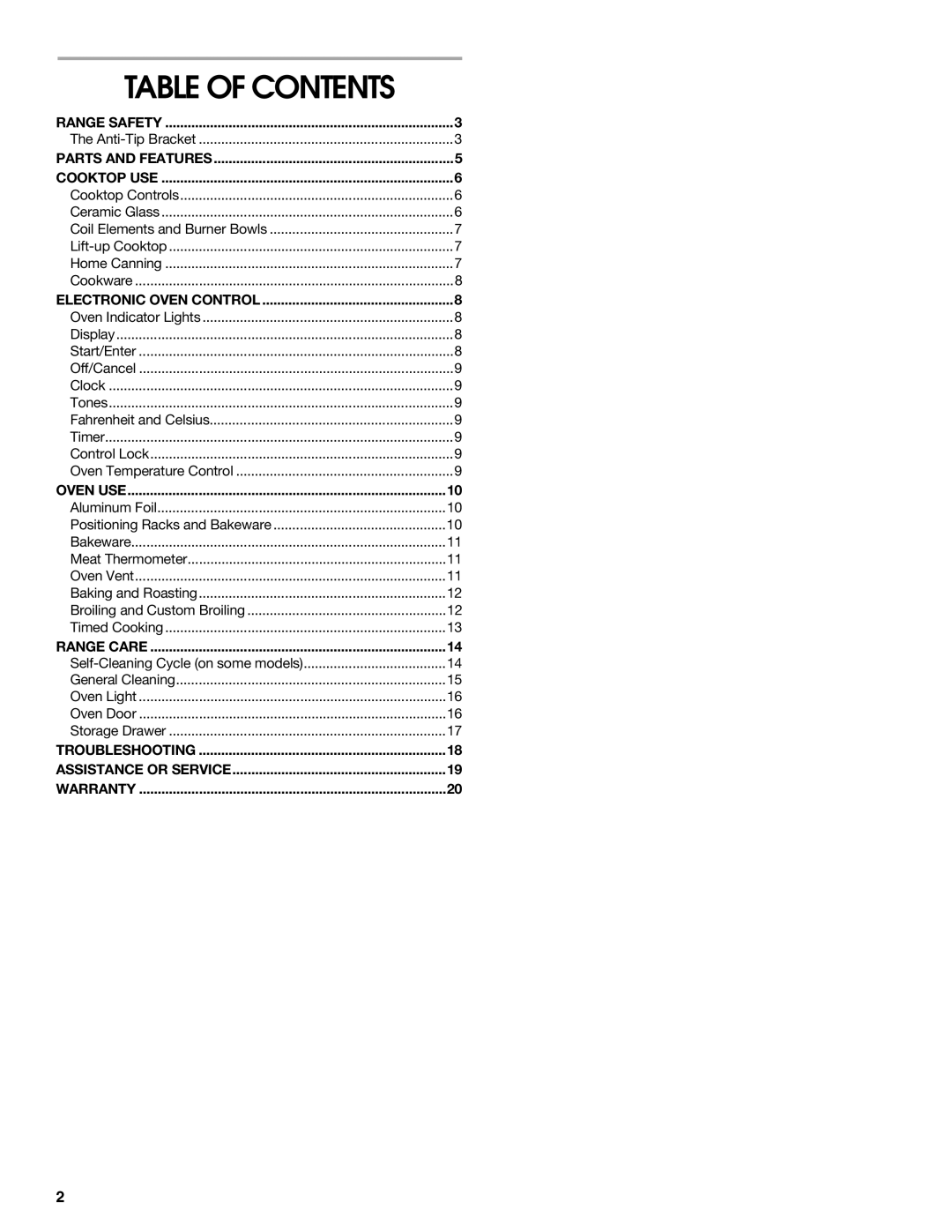 Whirlpool FES325RQ1 manual Table of Contents 