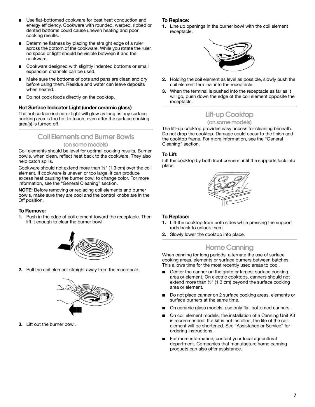 Whirlpool FES325RQ1 manual Coil Elements and Burner Bowls, Lift-up Cooktop, Home Canning 