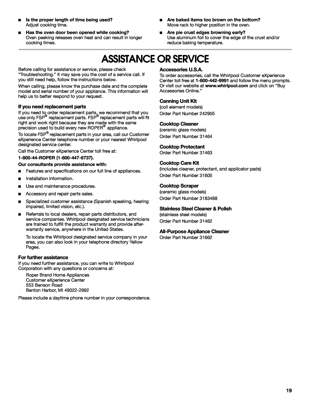 Whirlpool FES325RQ1 manual Assistance Or Service, If you need replacement parts, Accessories U.S.A, Canning Unit Kit 
