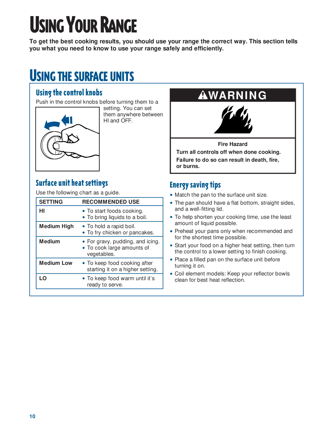 Whirlpool FES330E warranty Using the Surface Units, Using the control knobs, Surface unit heat settings, Energy saving tips 