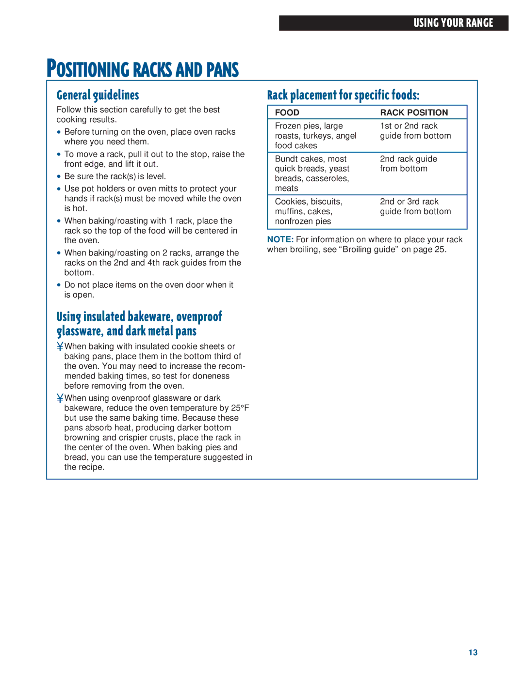 Whirlpool FEP310E Positioning Racks and Pans, General guidelines, Rack placement for specific foods, Food Rack Position 