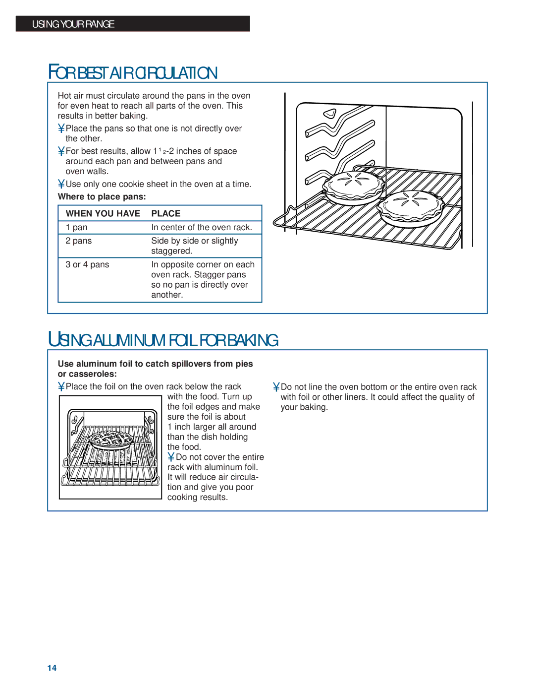 Whirlpool FEP330E For Best AIR Circulation, Using Aluminum Foil for Baking, Where to place pans, When YOU have Place 