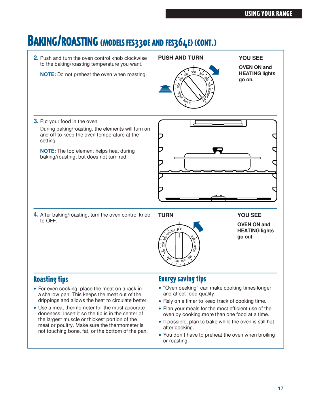 Whirlpool FEP320E, FES330E, FES364E, FEP310E, FEP330E warranty Roasting tips, Using Your Range 