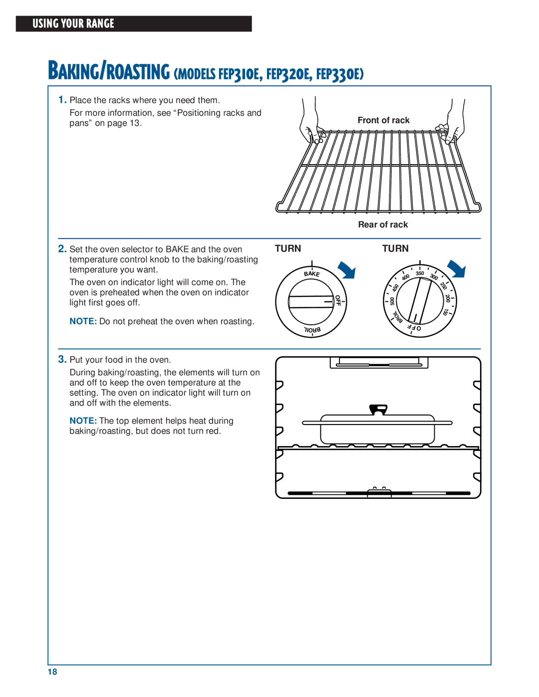 Whirlpool FES330E, FES364E warranty BAKING/ROASTING Models FEP310E, FEP320E, FEP330E, Front of rack 