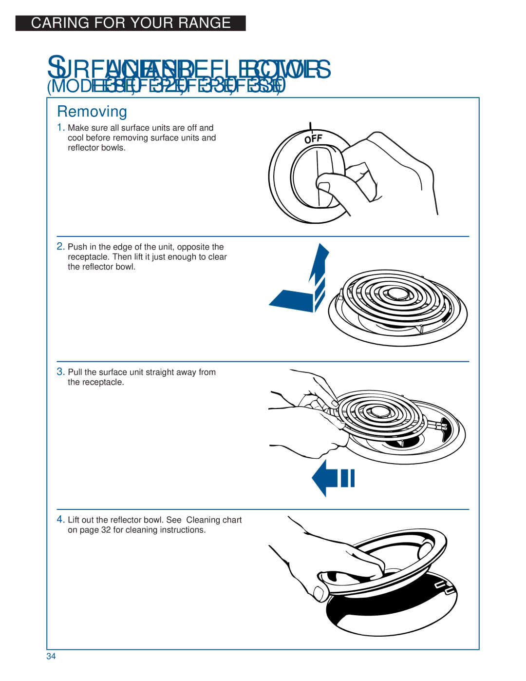 Whirlpool FEP330E, FES330E, FES364E, FEP320E, FEP310E warranty Surface Units and Reflector Bowls, Removing 