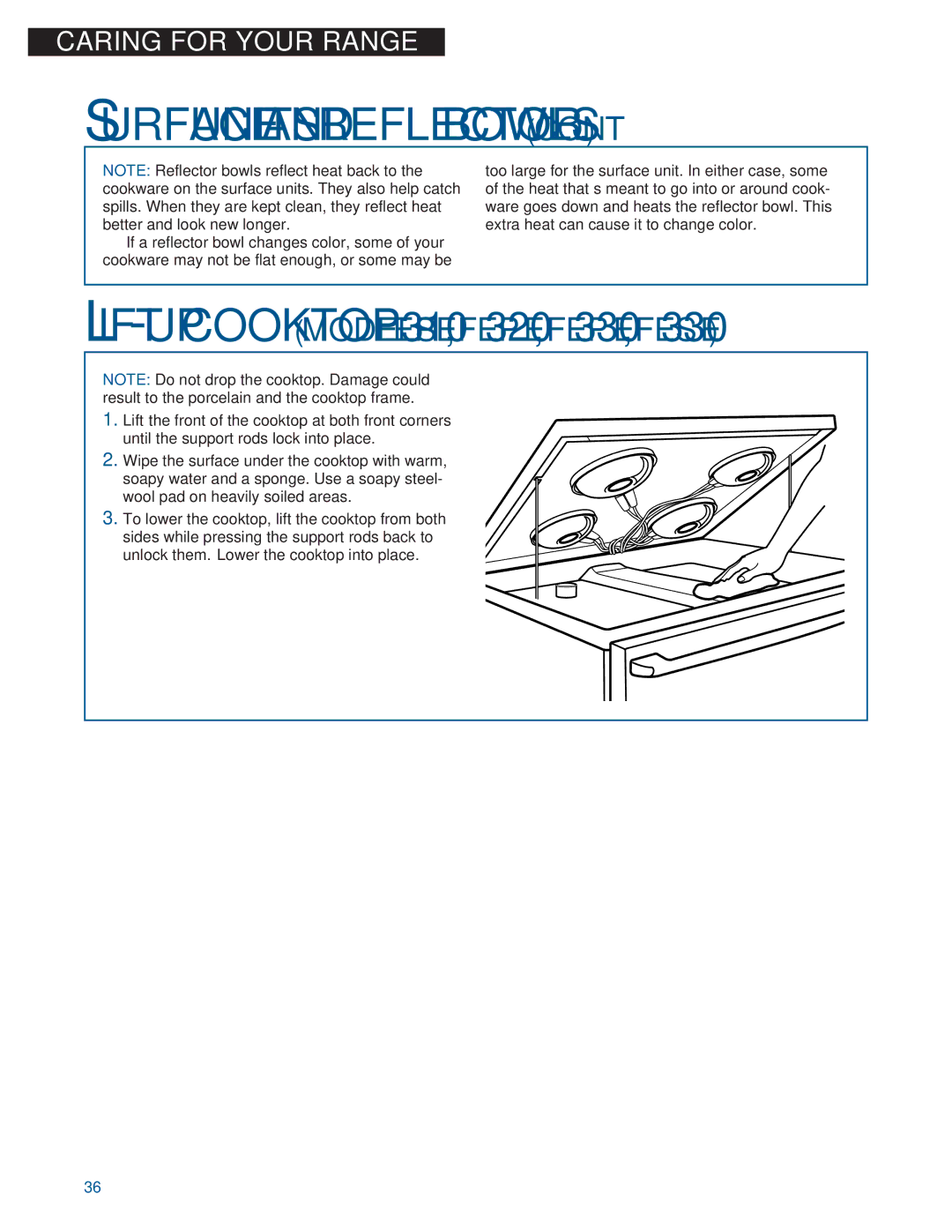 Whirlpool FES364E warranty LIFT-UP Cooktop Models FEP310E, FEP320E, FEP330E, FES330E 