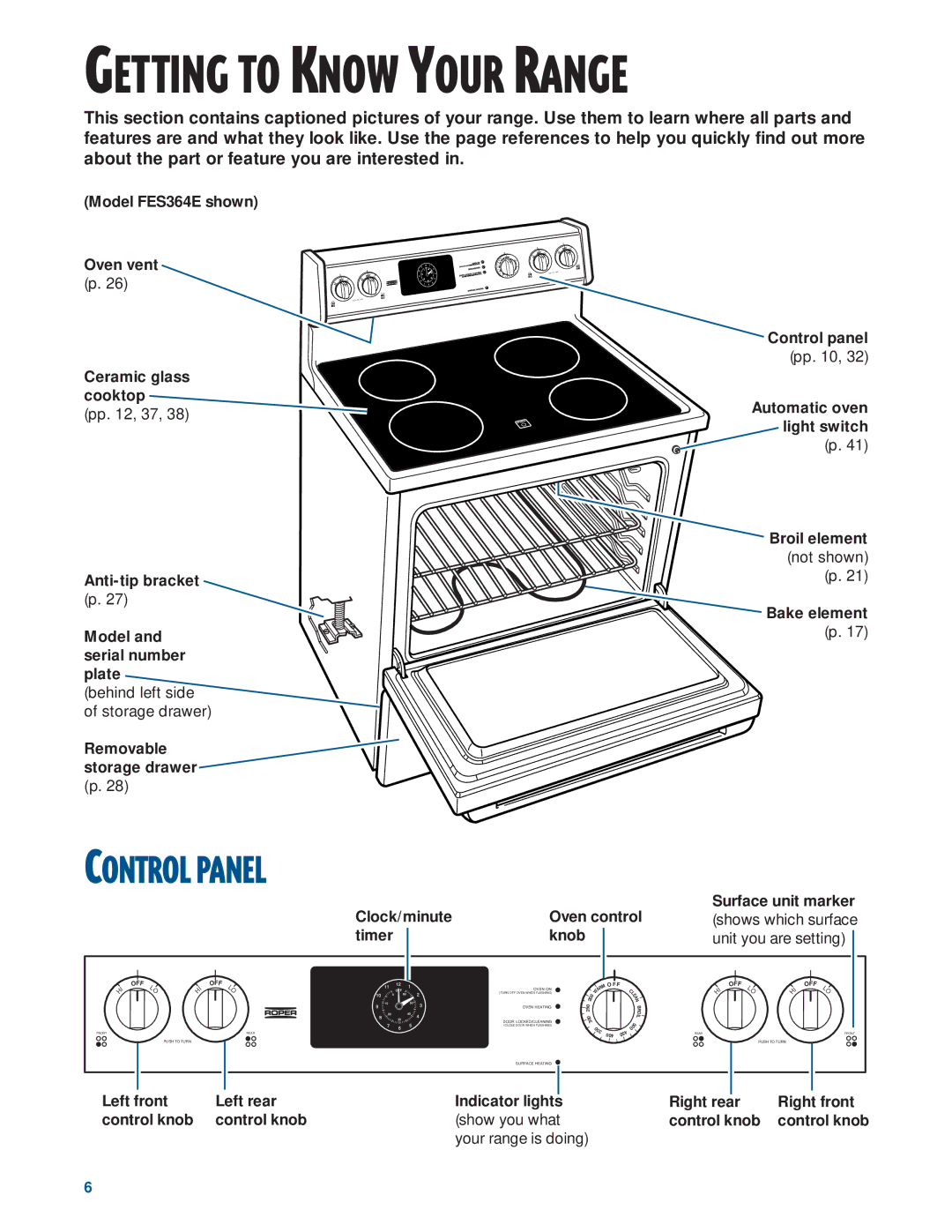 Whirlpool FES330E Control Panel, Model FES364E shown Oven vent Ceramic glass cooktop, Removable storage drawer p 