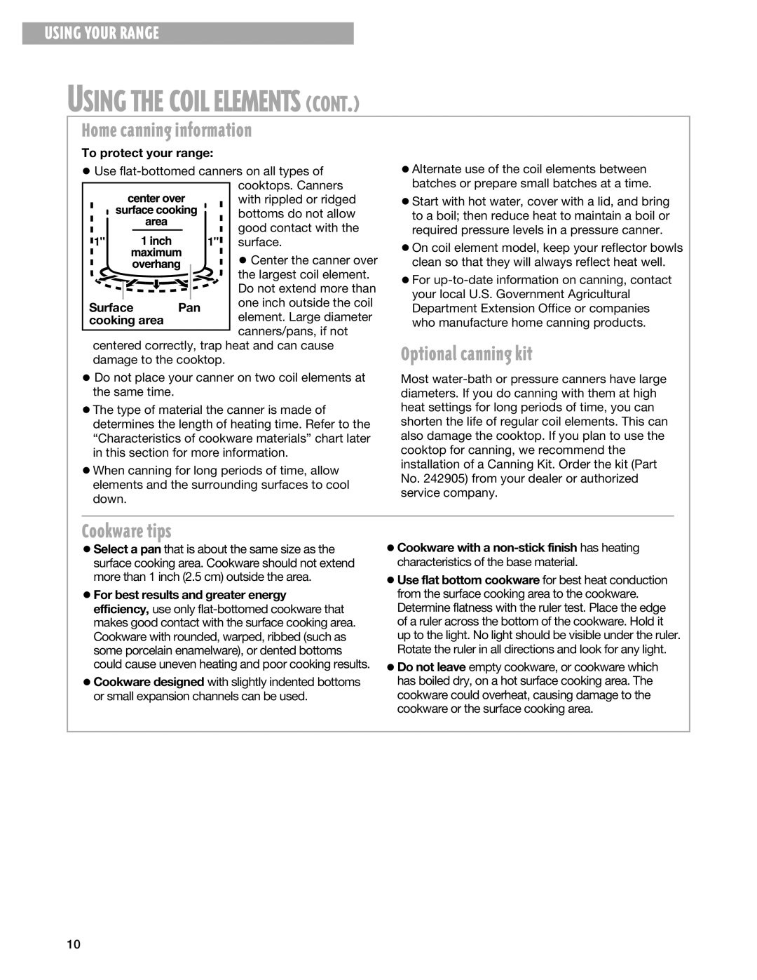 Whirlpool FEP330G, FES330G, FEP310G, FEP320G warranty Home canning information, Optional canning kit, Cookware tips 