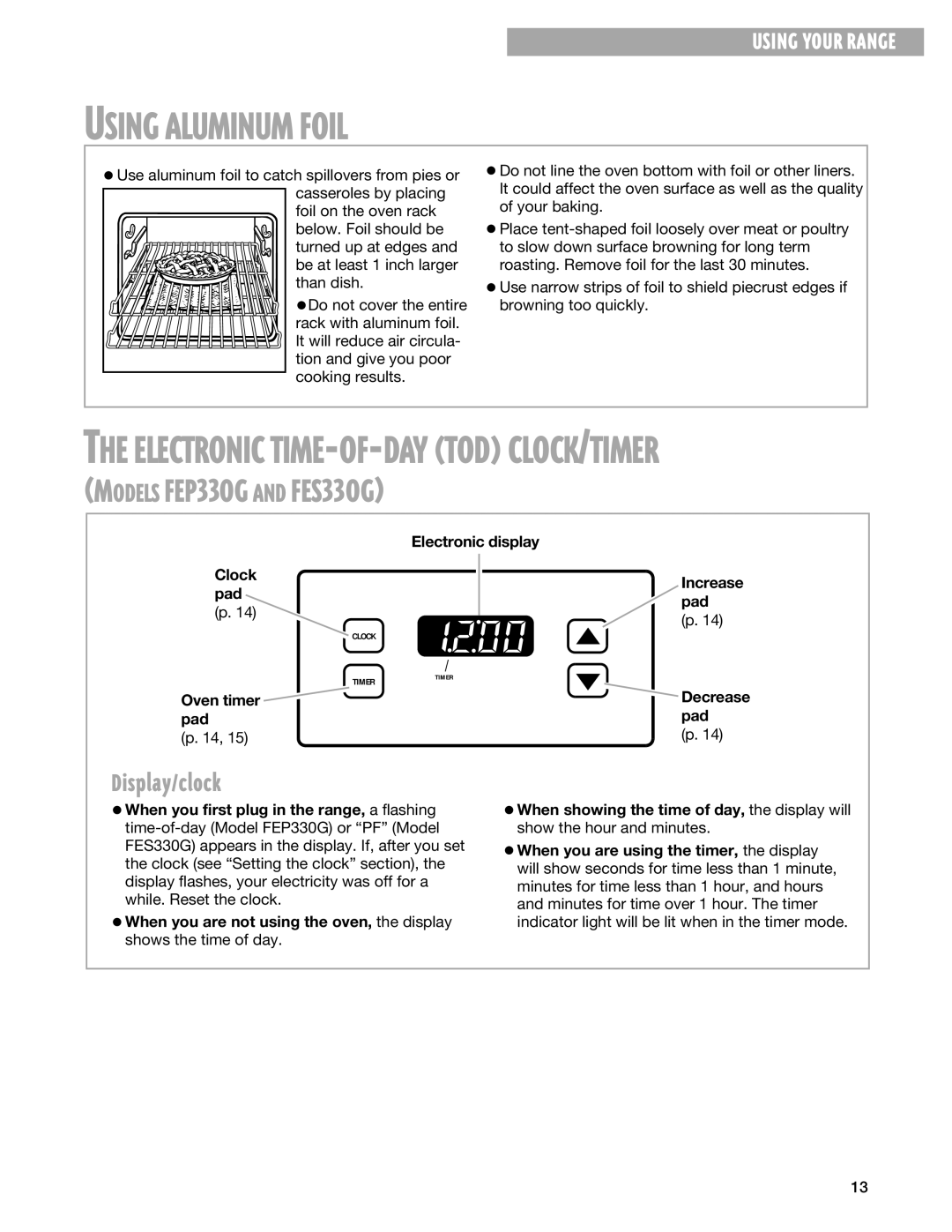 Whirlpool FEP310G, FES330G, FEP330G, FEP320G warranty Using Aluminum Foil, Display/clock, Electronic display Clock pad p 