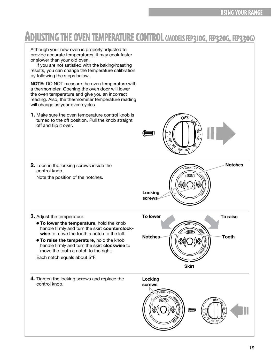 Whirlpool FEP320G, FES330G, FEP310G, FEP330G warranty Locking screws, To lower Notches, Skirt To raise Tooth 