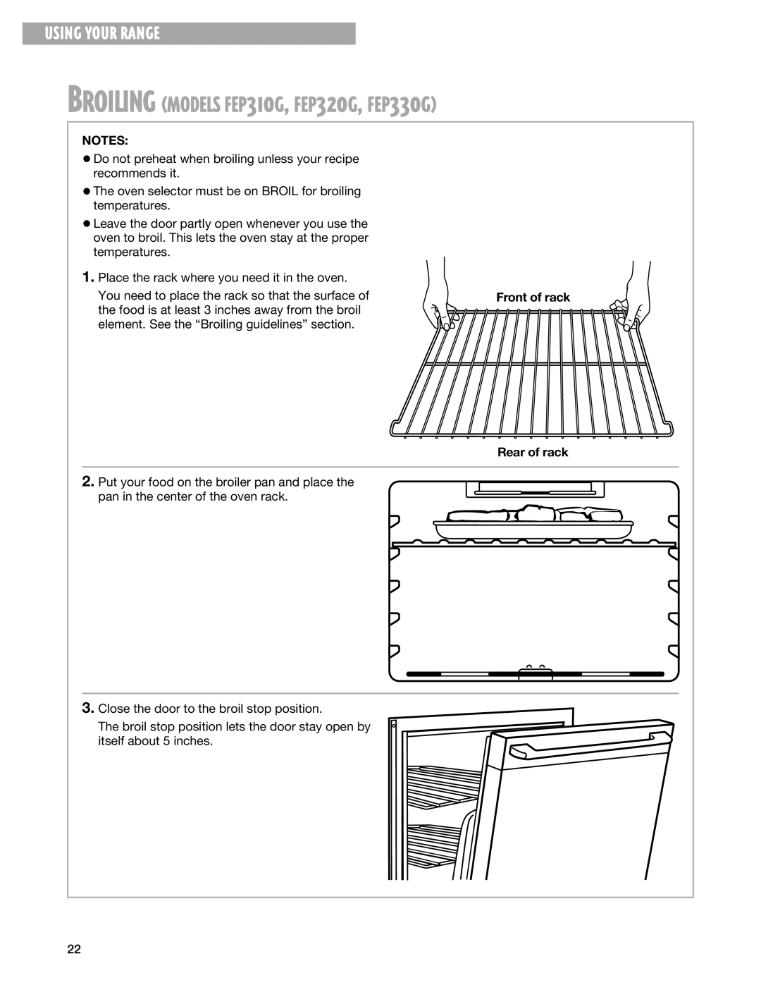 Whirlpool FES330G warranty Broiling Models FEP310G, FEP320G, FEP330G 