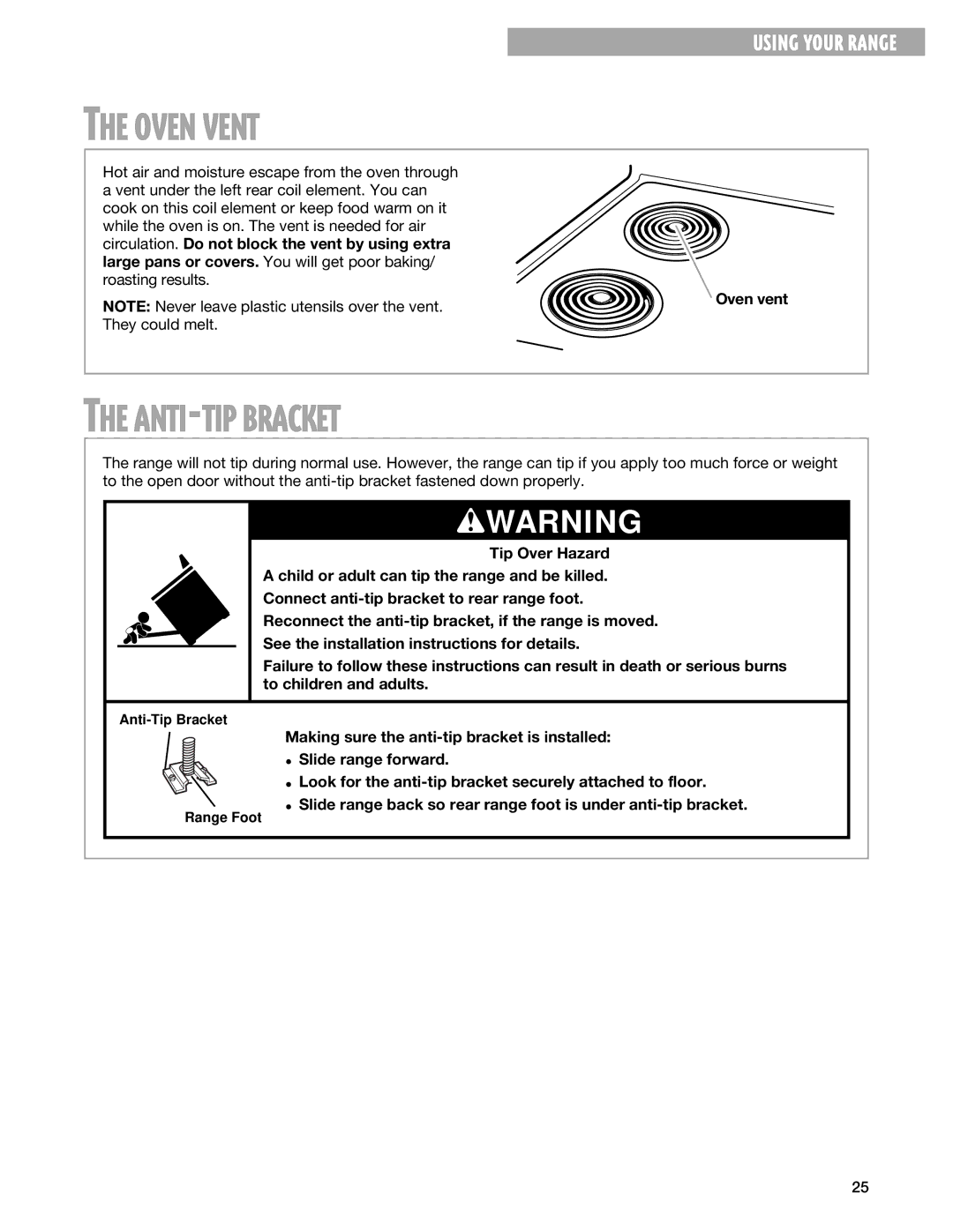 Whirlpool FEP310G, FES330G, FEP330G, FEP320G warranty Oven Vent, ANTI-TIP Bracket 