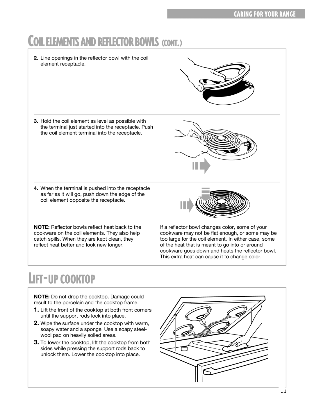 Whirlpool FEP310G, FES330G, FEP330G, FEP320G warranty LIFT-UP Cooktop, Coil Elements and Reflector Bowls 