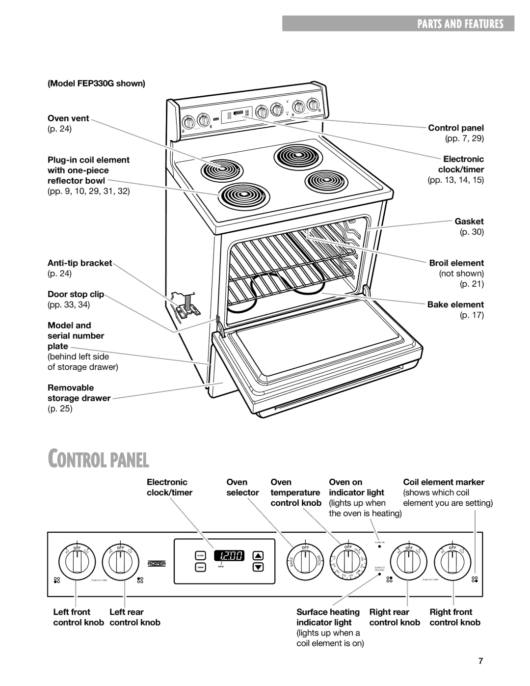 Whirlpool FEP320G, FES330G, FEP310G, FEP330G warranty Removable storage drawer p, Electronic clock/timer 