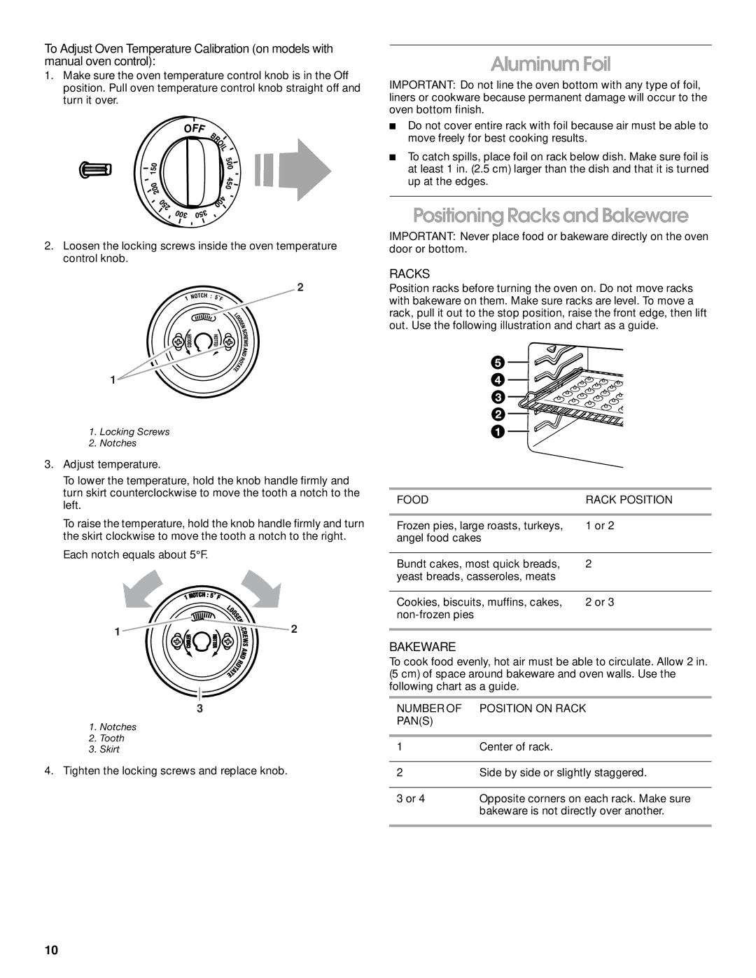 Whirlpool FEP330K manual Aluminum Foil, Positioning Racks and Bakeware, Food Rack Position, Number of Position on Rack Pans 