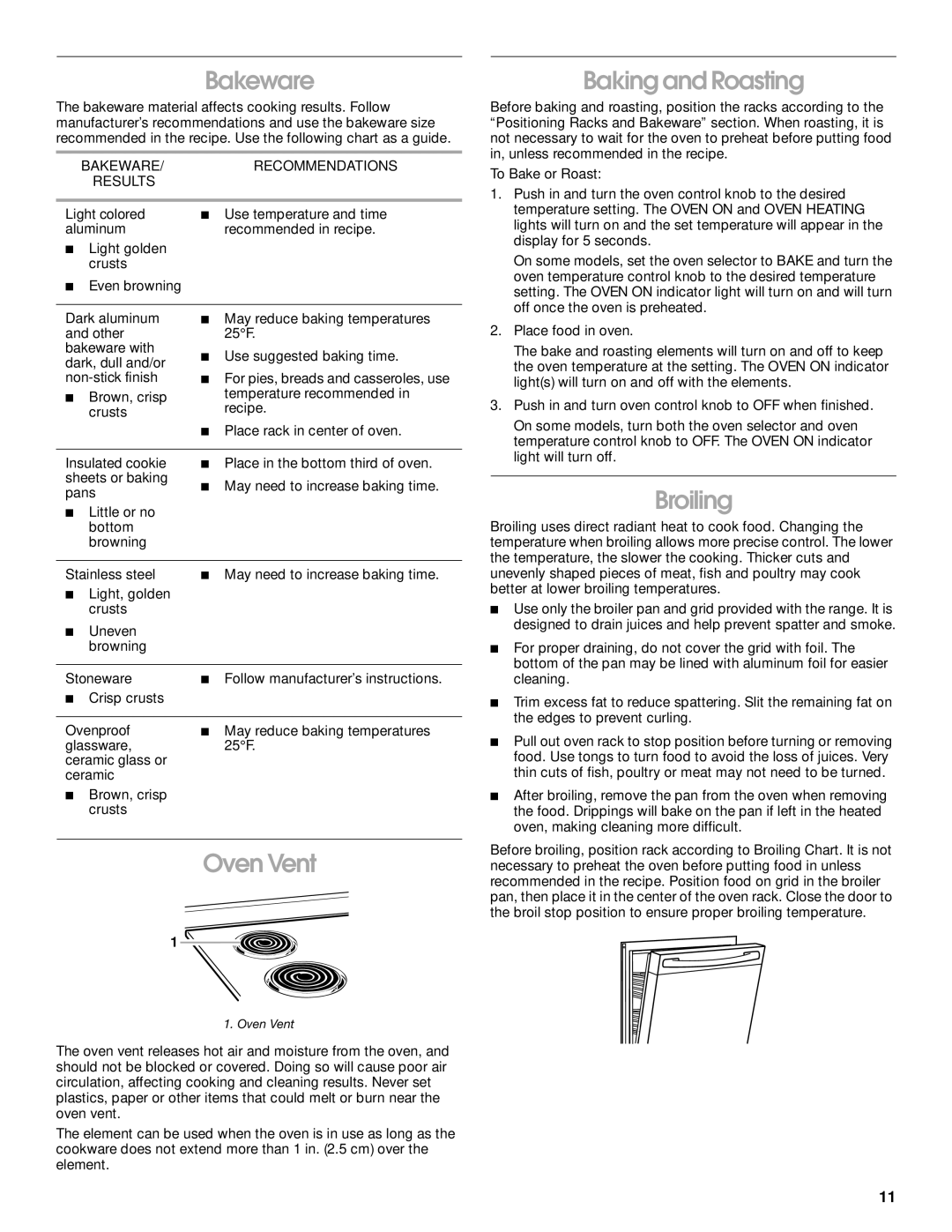 Whirlpool FEP310K, FES330K, FEP320K, FEP330K manual Baking and Roasting, Broiling, Bakeware Recommendations Results 