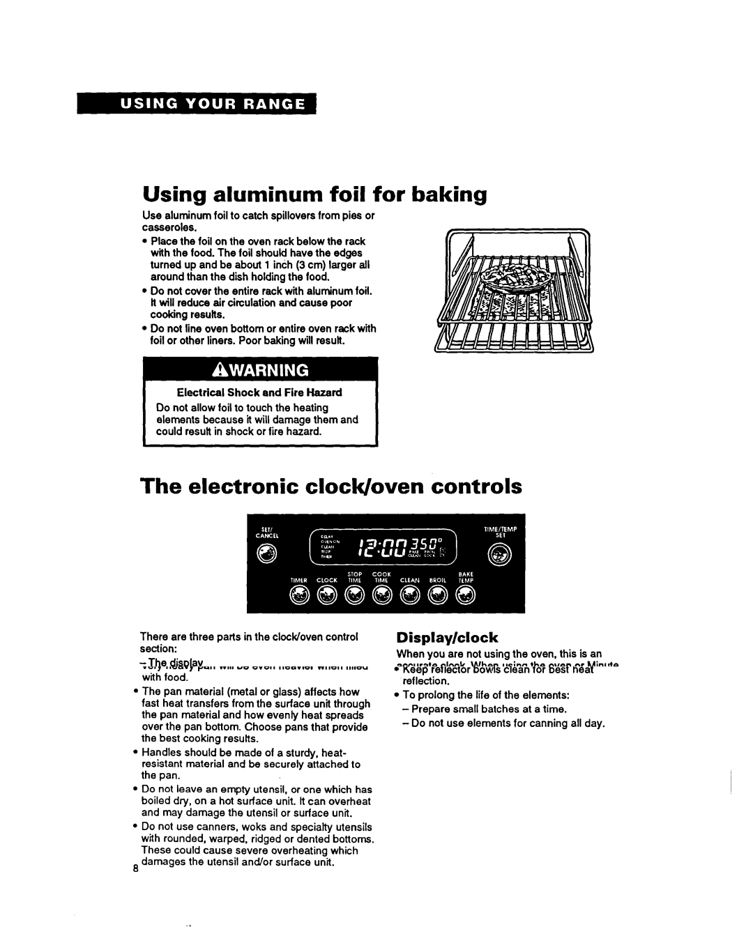 Whirlpool FES340Y Using aluminum foil for baking, Electronic clock/oven controls, Display/clock 