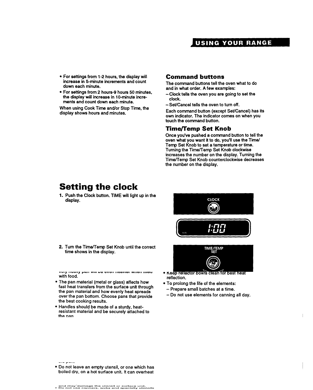 Whirlpool FES340Y important safety instructions Setting the clock, Command buttons, Time/l’emp Set Knob 