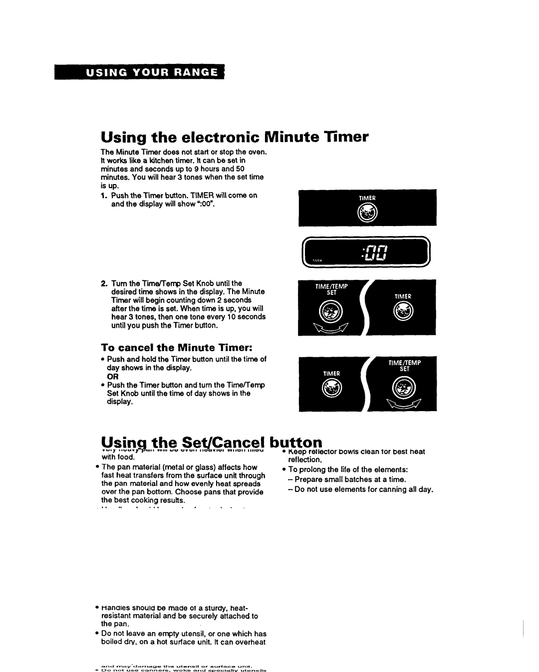 Whirlpool FES340Y Using the electronic Minute Timer, Using the Set/Cancel button, To cancel the Minute Timer 