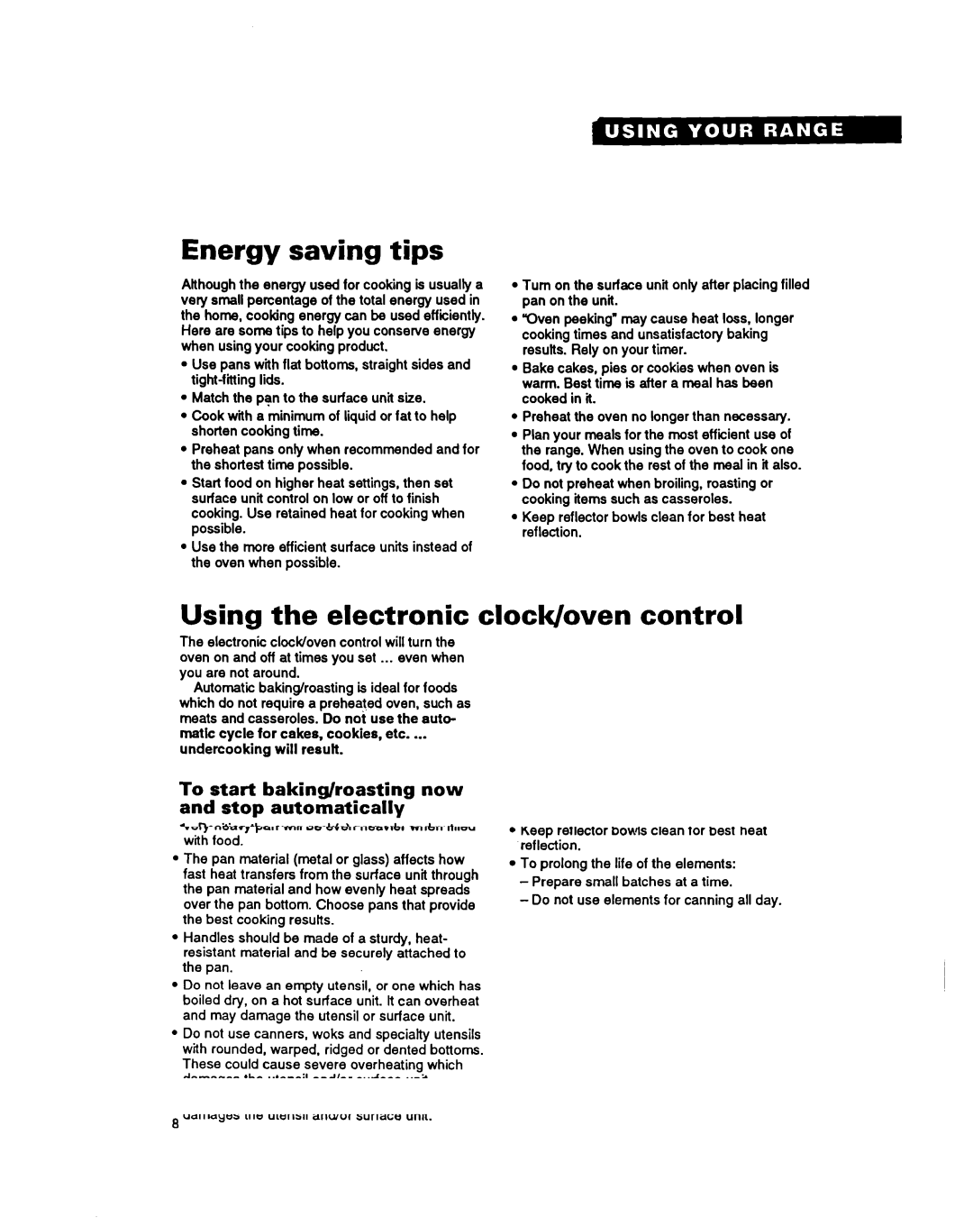 Whirlpool FES340Y important safety instructions Energy saving tips, Using the electronic clock/oven control 