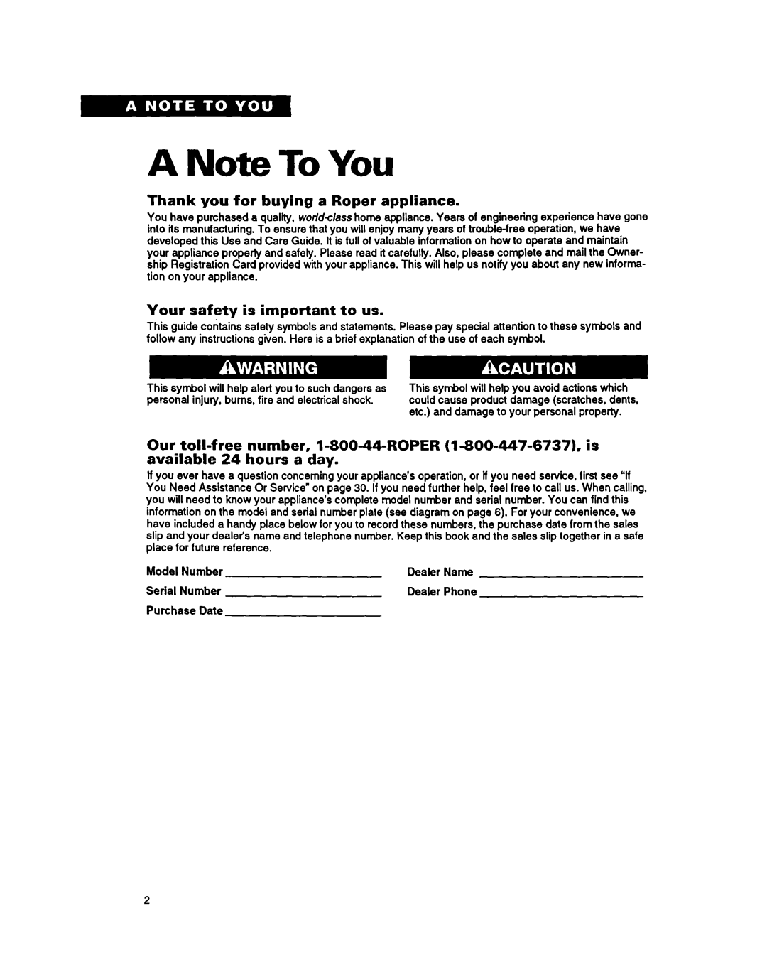 Whirlpool FES340Y important safety instructions Thank you for buying a Roper appliance, Your safety is important to us 