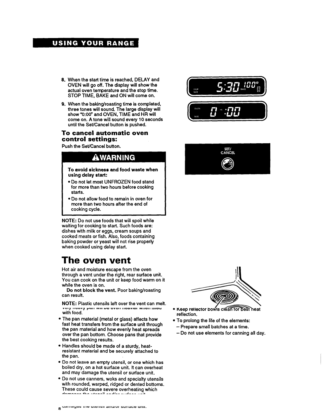 Whirlpool FES340Y important safety instructions Oven vent, To cancel automatic oven control settings 