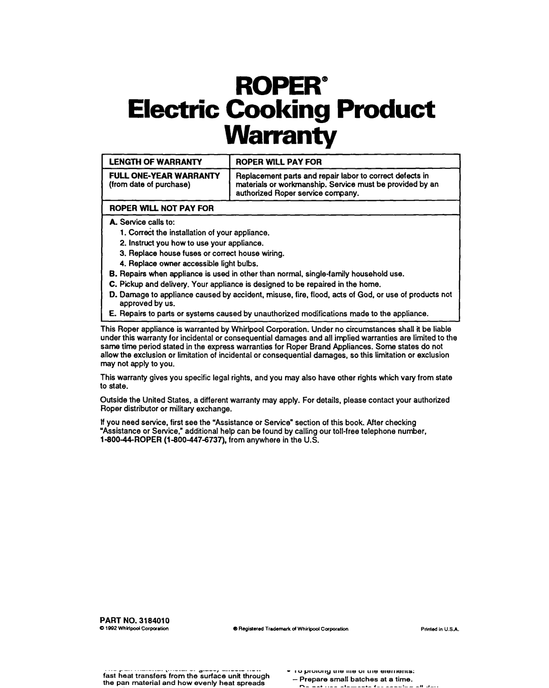 Whirlpool FES340Y important safety instructions Roper, Electric Cooking Product Warranty 