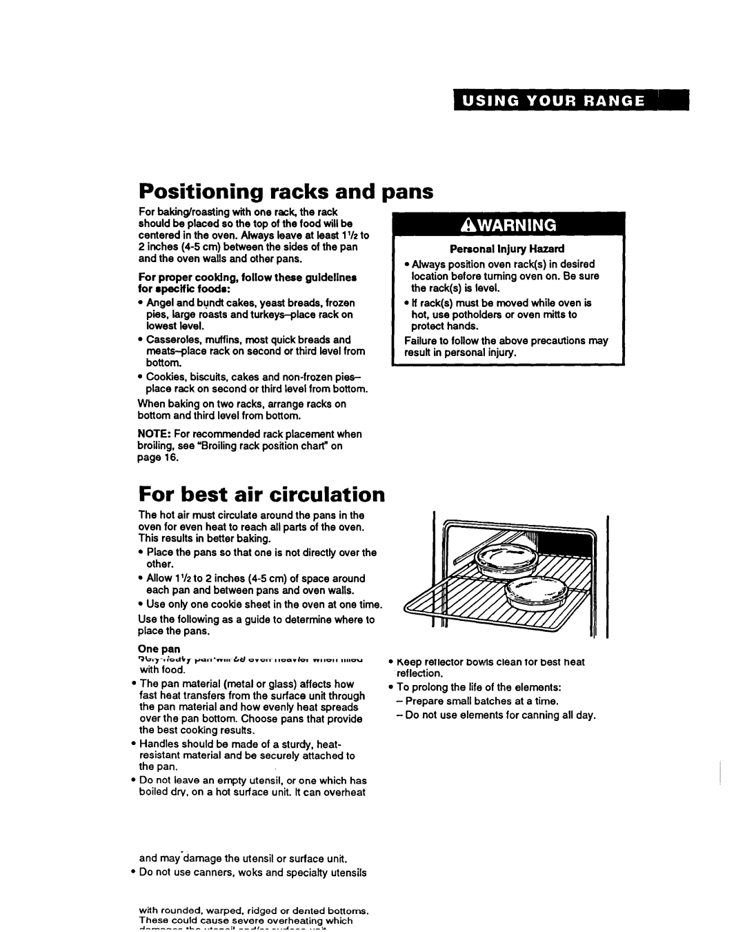 Whirlpool FES340Y important safety instructions Positioning racks, Pans, For best air circulation 