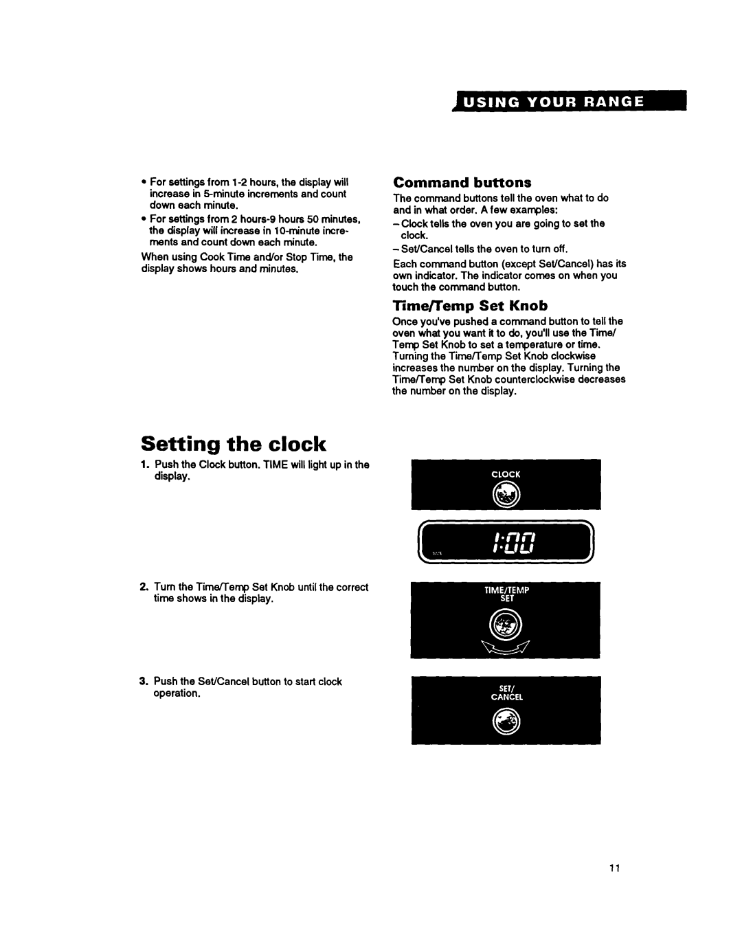 Whirlpool FES340Y important safety instructions Setting the clock, Command buttons, Time/l’emp Set Knob 