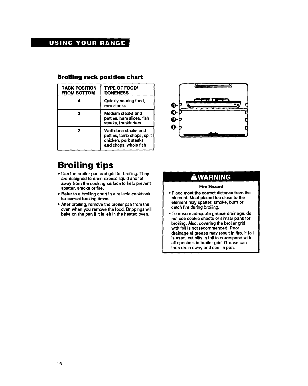 Whirlpool FES340Y important safety instructions tips, Broiling rack position chart 