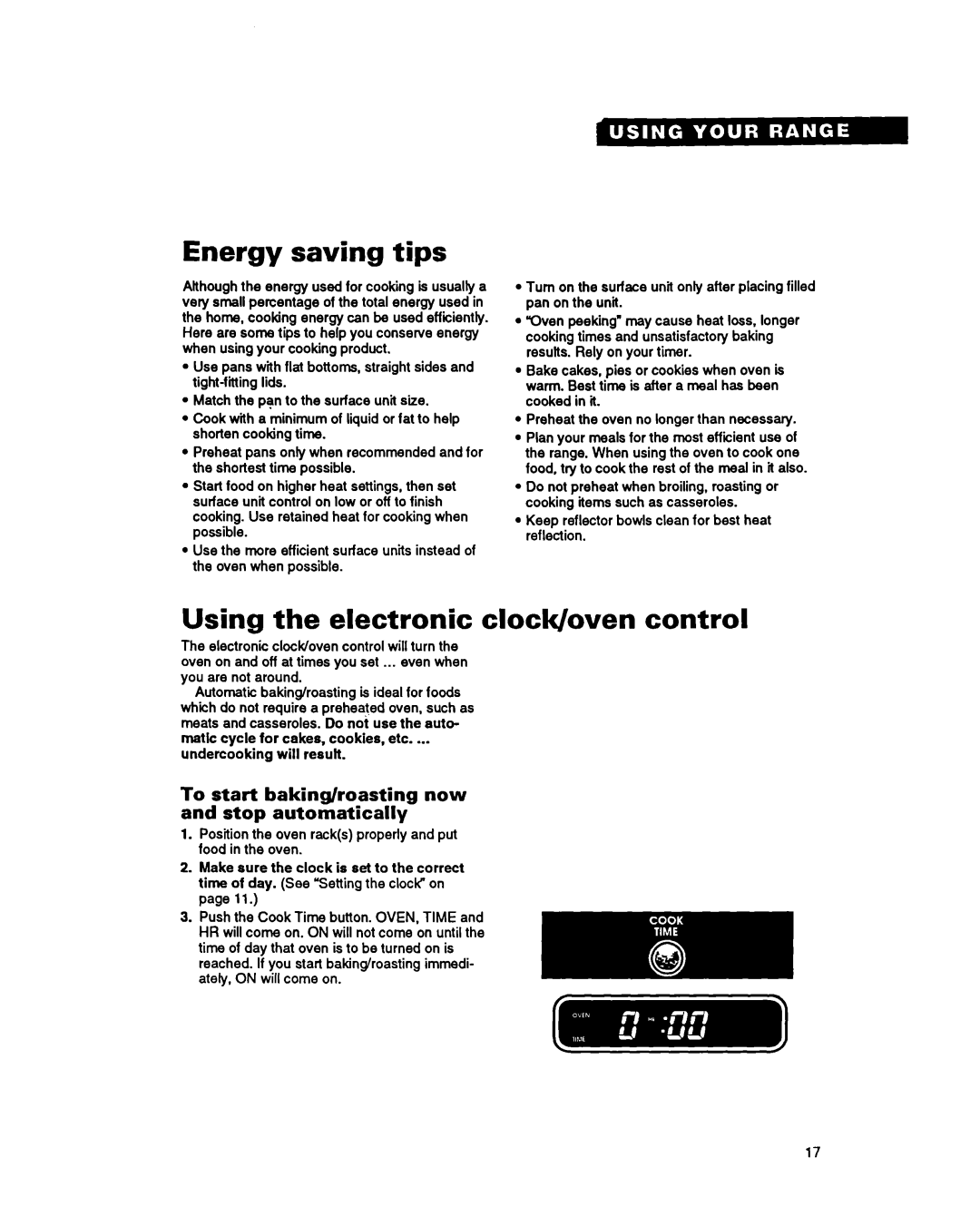 Whirlpool FES340Y important safety instructions Energy saving tips, Using the electronic clock/oven control 