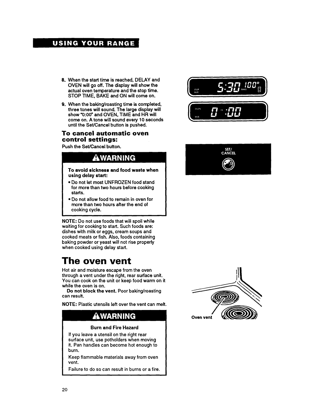 Whirlpool FES340Y important safety instructions The oven vent, To cancel automatic oven control settings 
