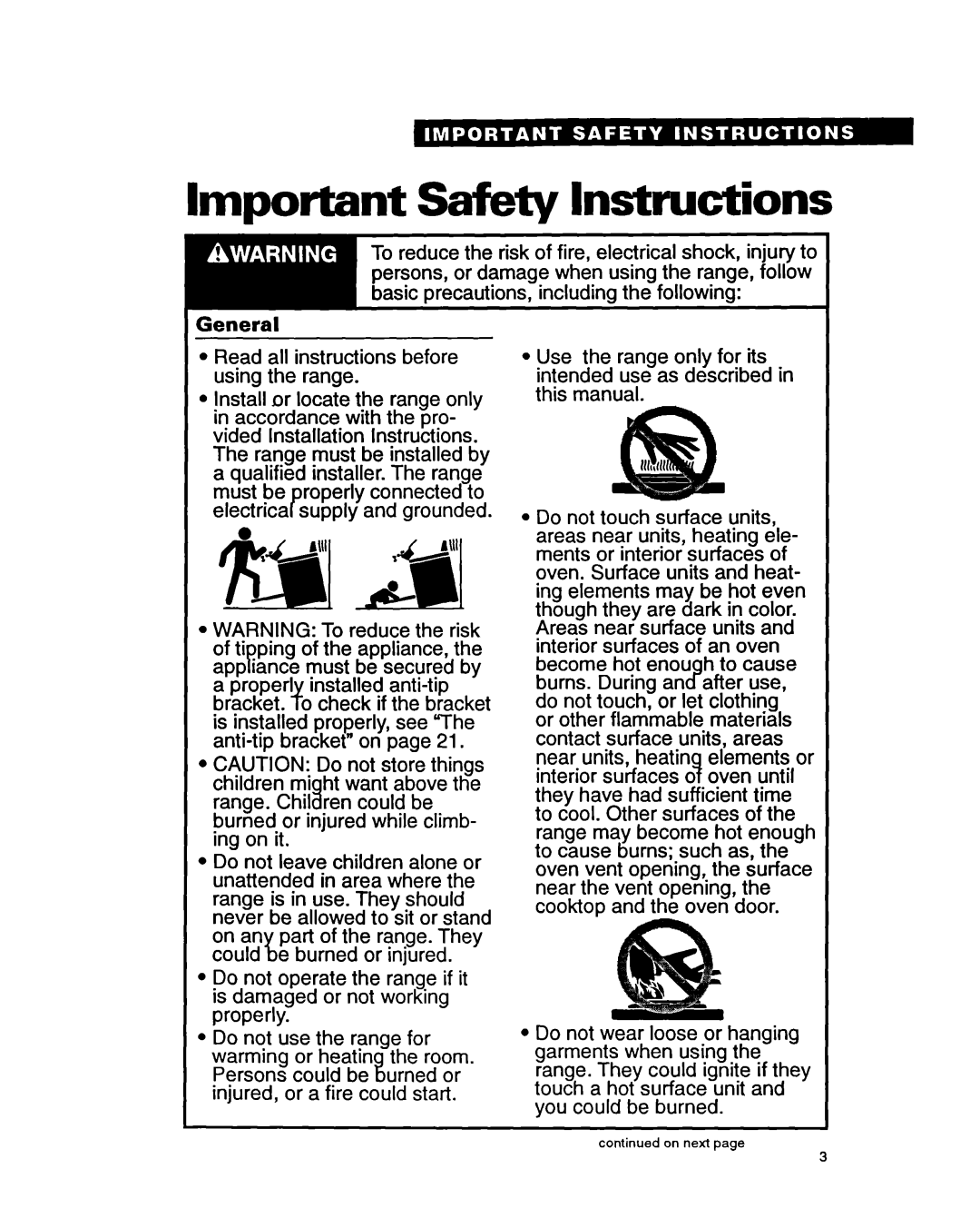 Whirlpool FES340Y important safety instructions Important Safety Instructions 