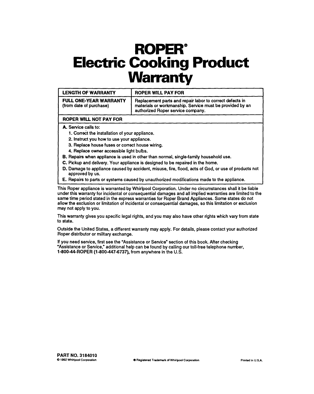 Whirlpool FES340Y important safety instructions ROPER” Electric Cooking Product Warranty 