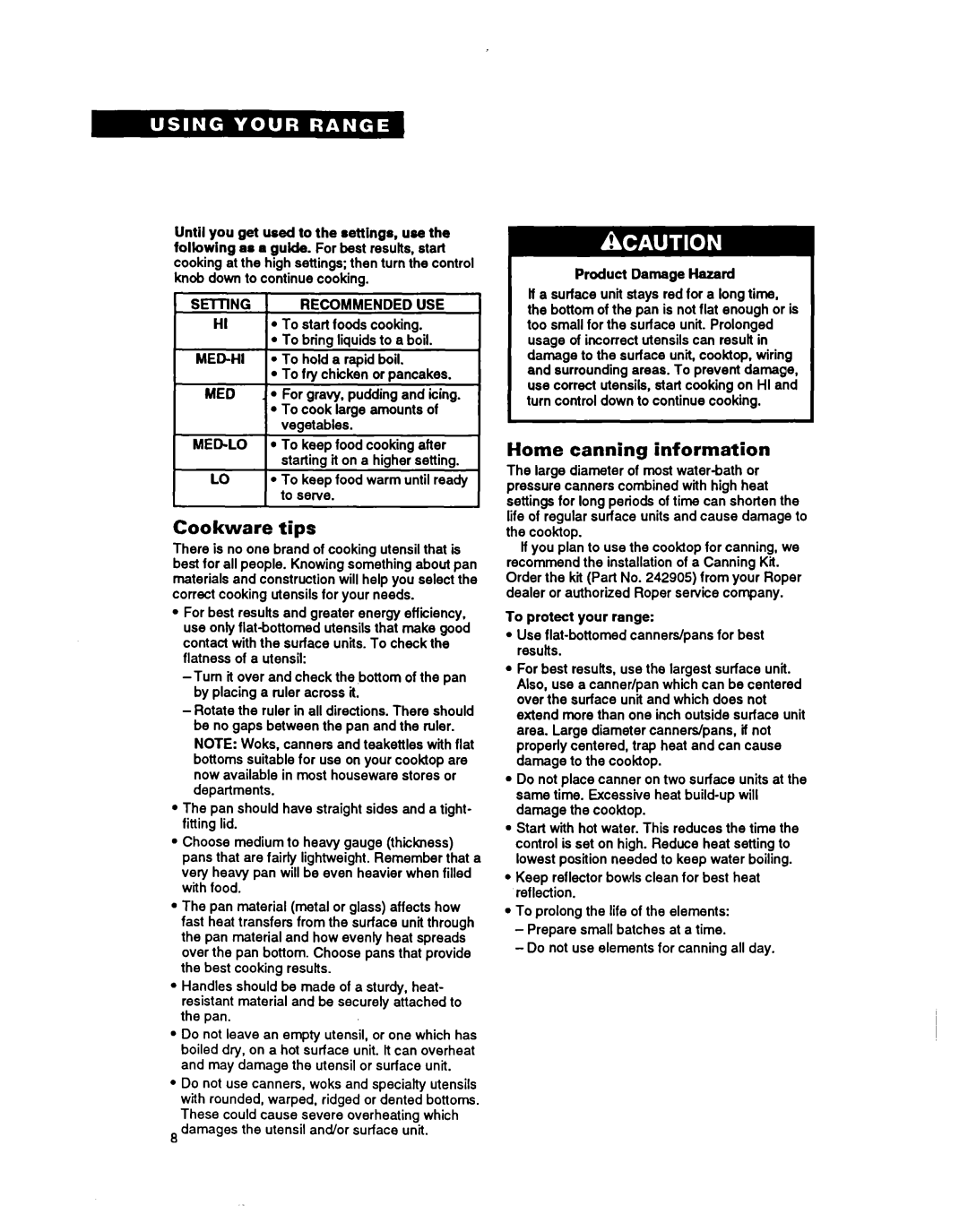 Whirlpool FES340Y important safety instructions Cookware tips, Home canning information 