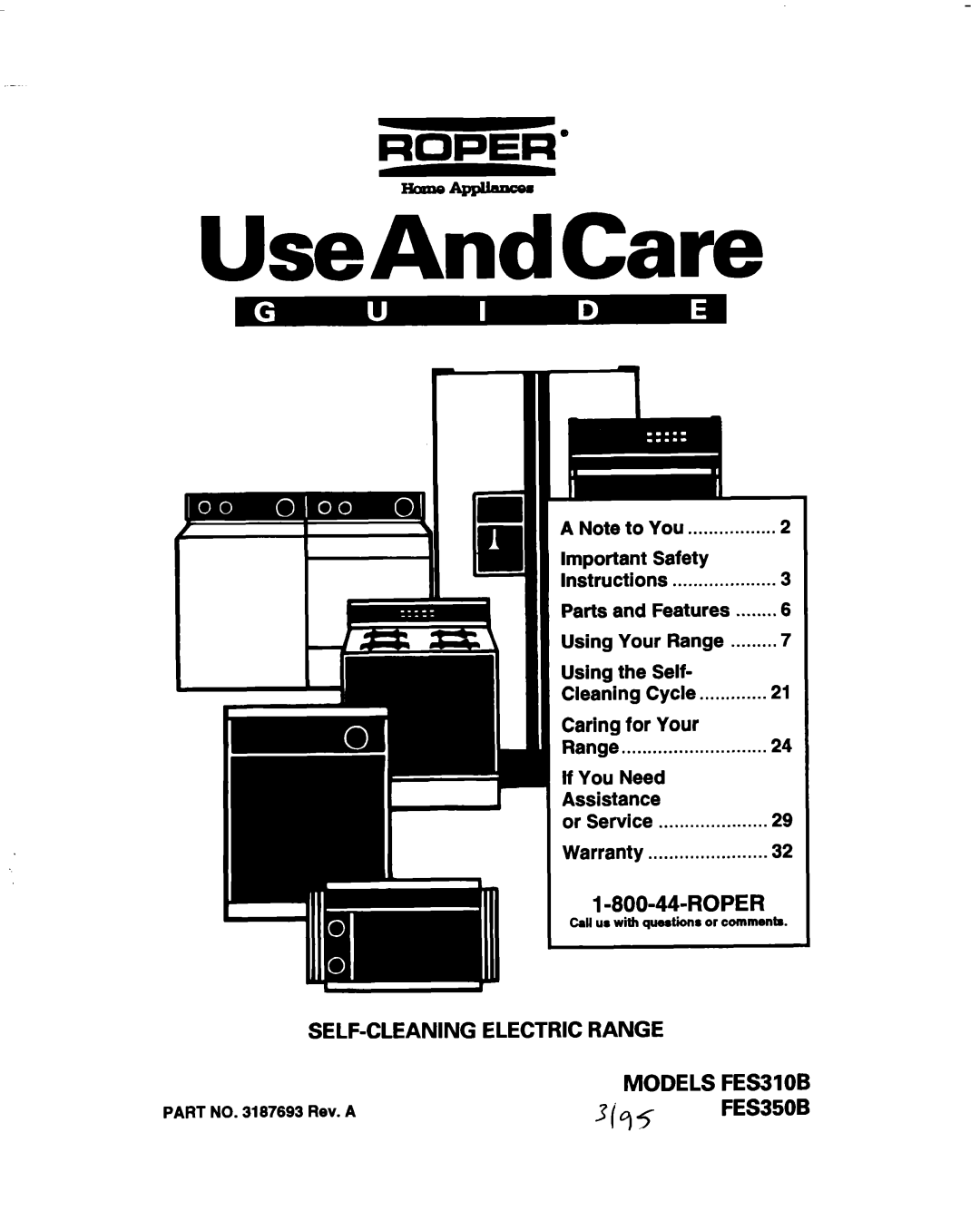 Whirlpool FES310B, FES350B manual UseAndCare, Part no Rev. a 