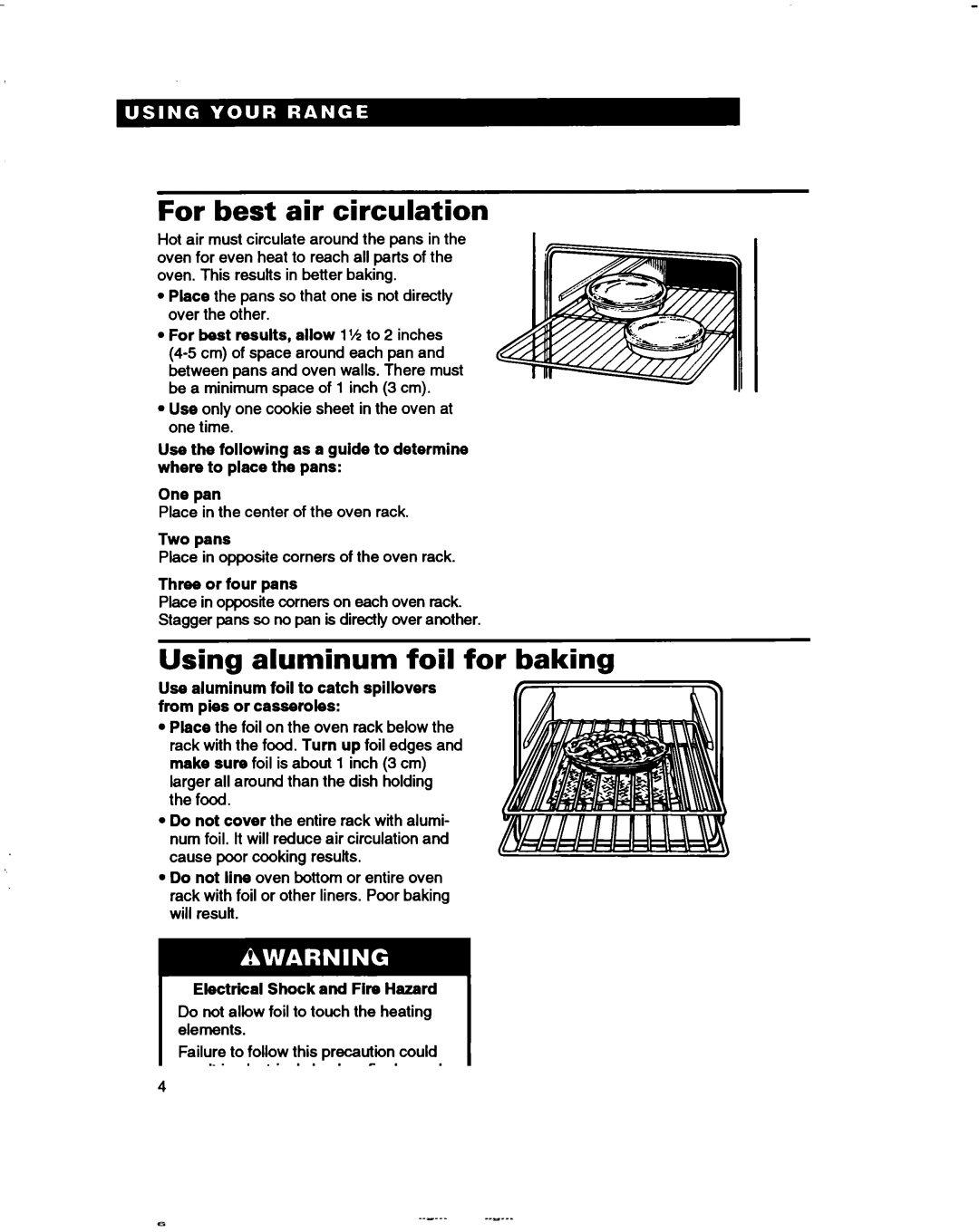 Whirlpool FES350B, FES310B manual For best air circulation, Using aluminum foil for baking, Two pans, Three or four pans 