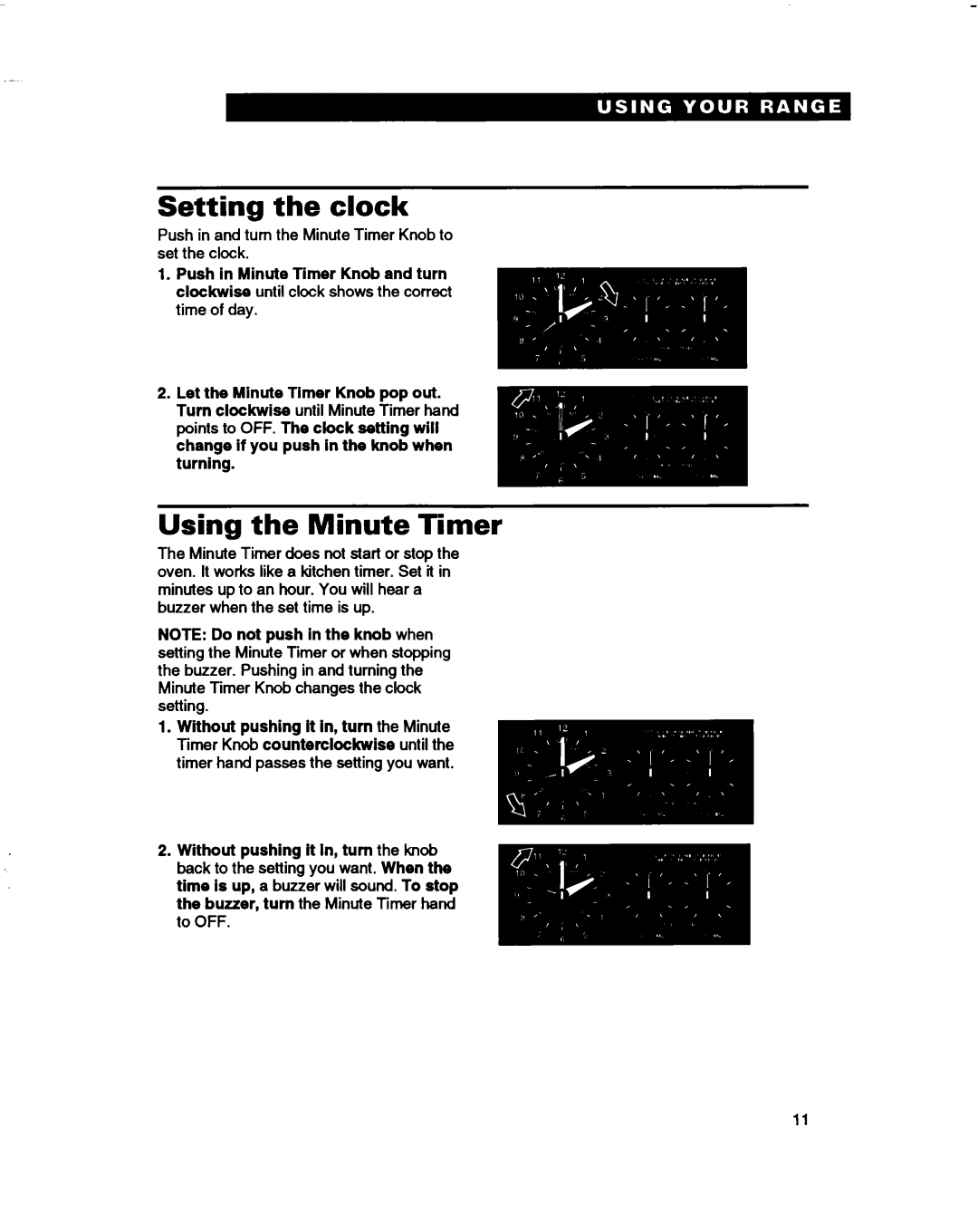 Whirlpool FES310B, FES350B manual Setting the clock, Using the Minute Timer 