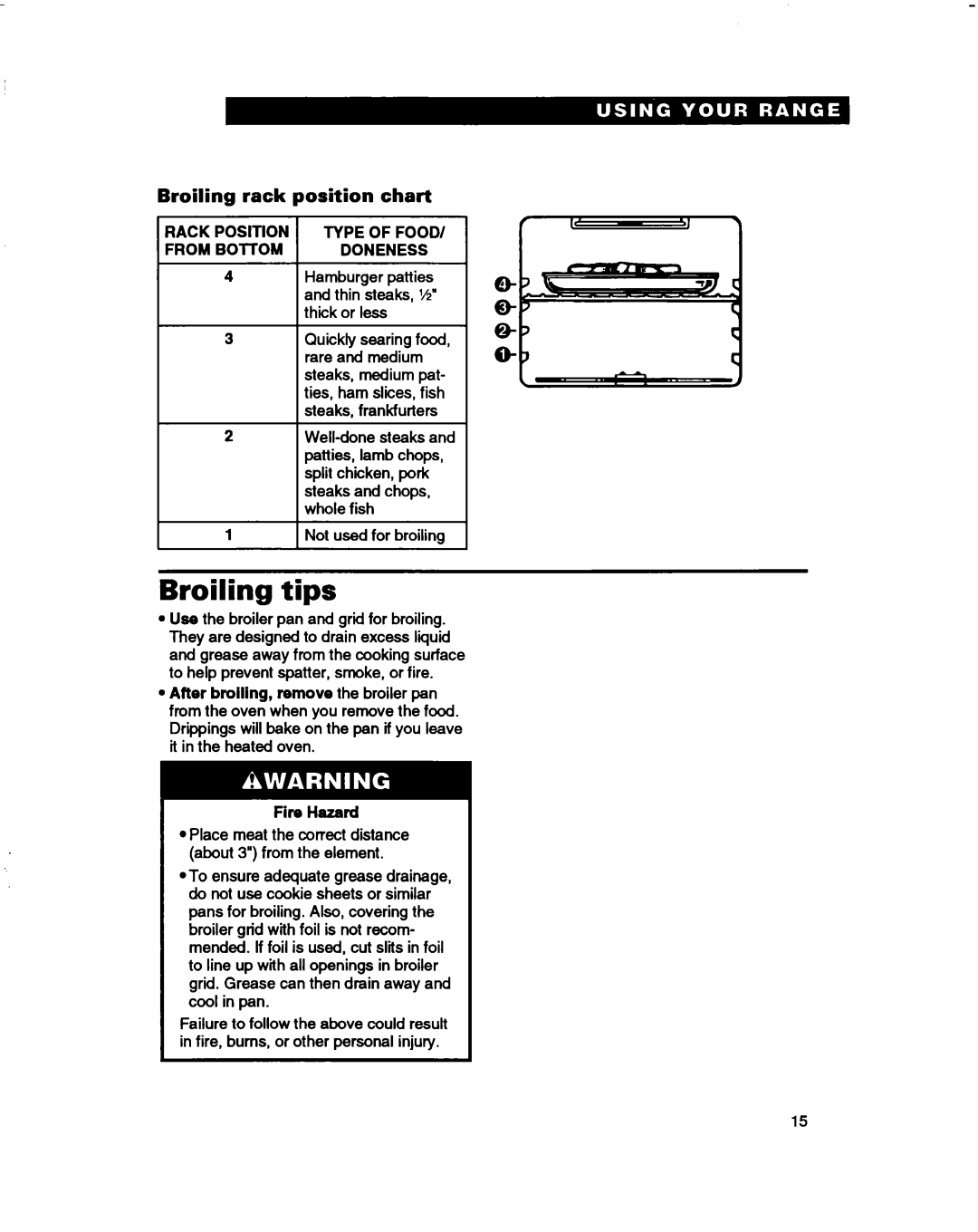 Whirlpool FES310B, FES350B manual Broiling tips, Broiling rack position chart, Type of Food Doneness 