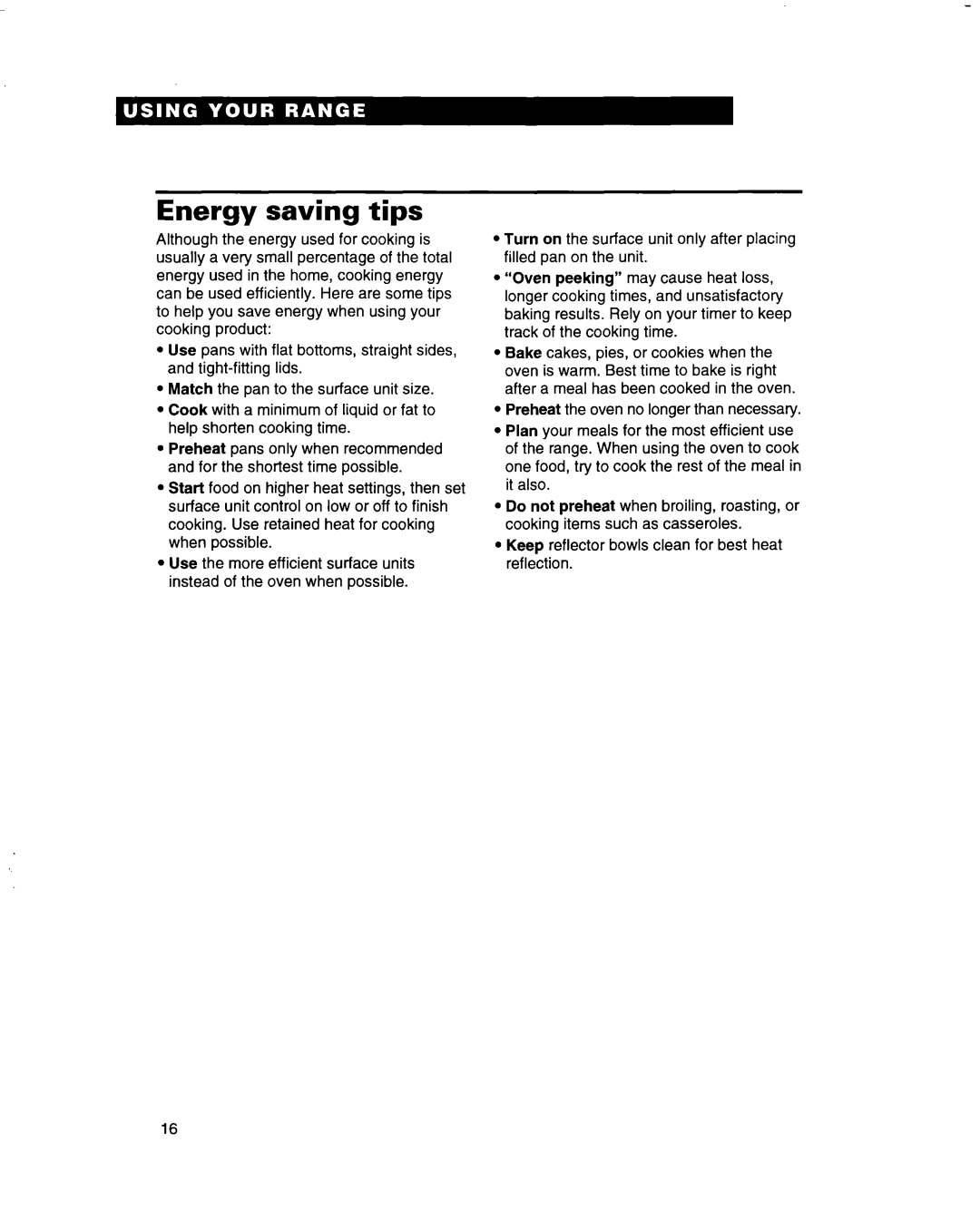 Whirlpool FES350B, FES310B manual Energy saving tips 